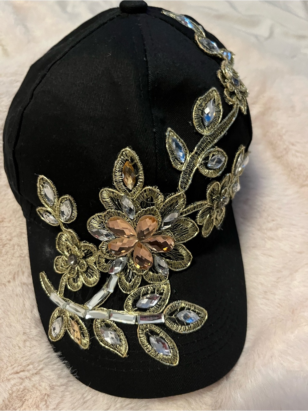Embellished Black Floral Baseball Cap with Gold Accents